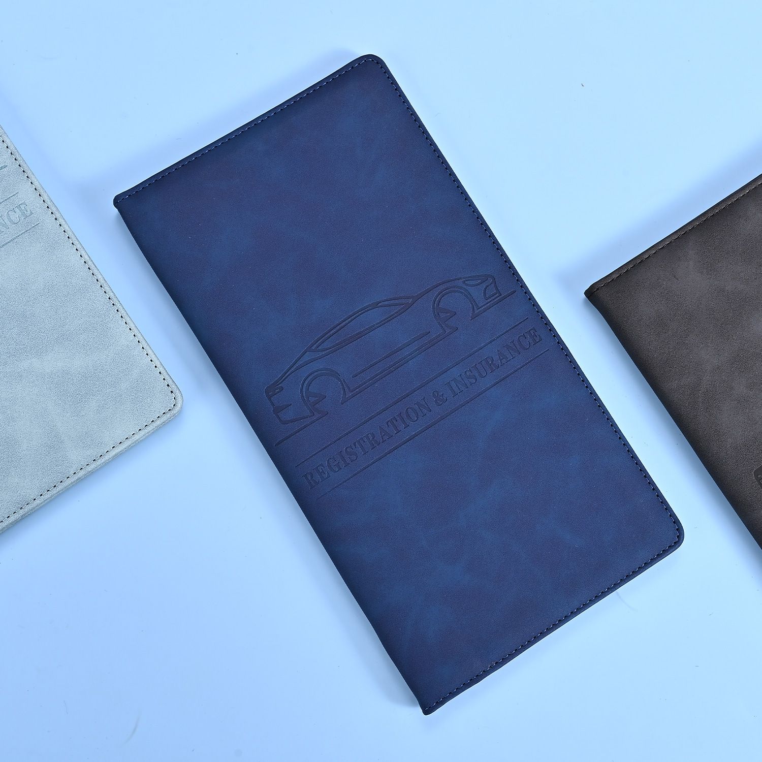 3 Pcs Premium PU Leather Car Registration and Insurance Holder - Slim Auto Document Organizer, Driver's License Wallet and Travel Passport Folder - Blue - Image 1