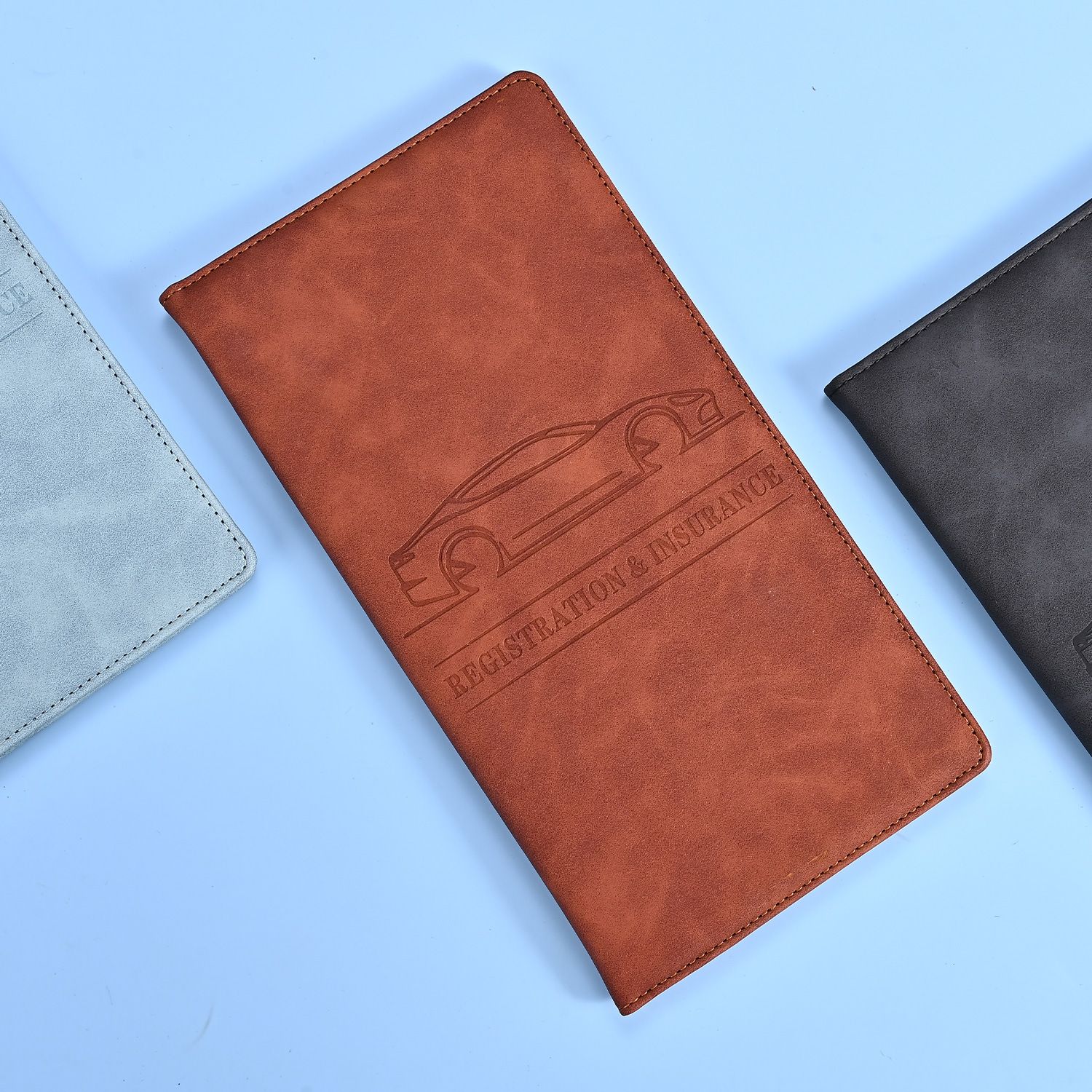 3 Pcs Premium PU Leather Car Registration and Insurance Holder - Slim Auto Document Organizer, Driver's License Wallet and Travel Passport Folder - Brown - Image 1
