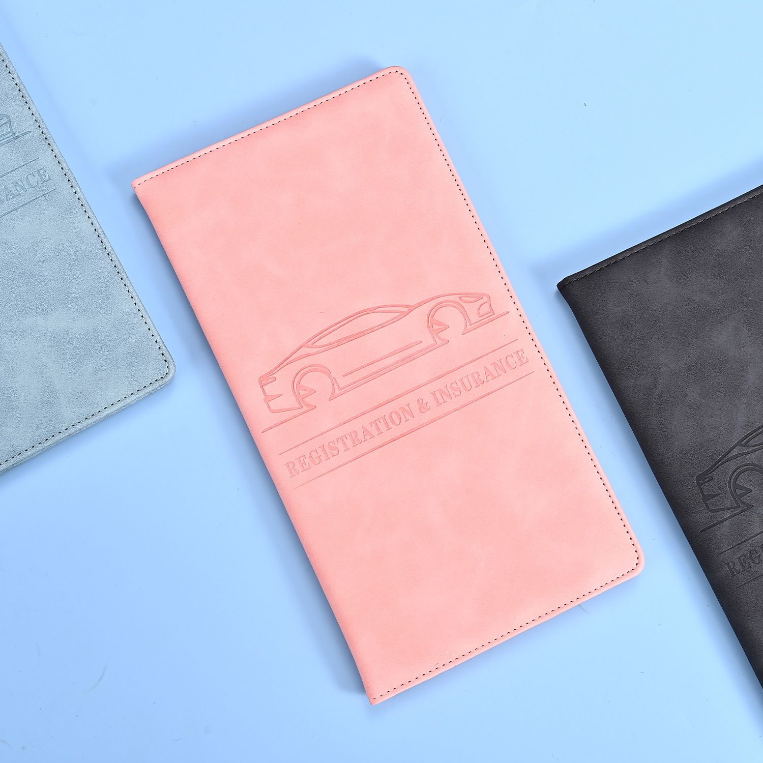 3 Pcs Premium PU Leather Car Registration and Insurance Holder - Slim Auto Document Organizer, Driver's License Wallet and Travel Passport Folder - Pink - Image 1