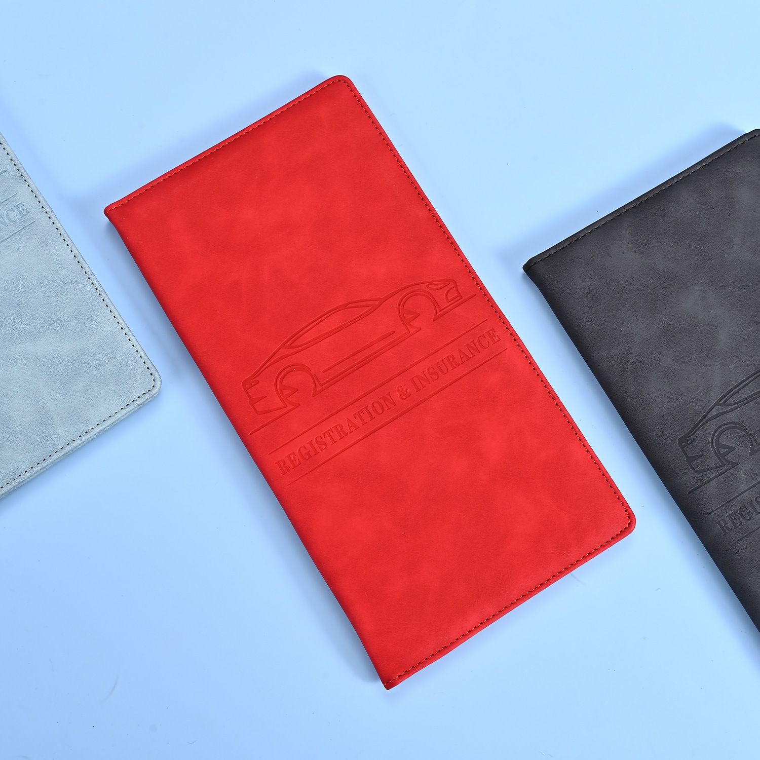3 Pcs Premium PU Leather Car Registration and Insurance Holder - Slim Auto Document Organizer, Driver's License Wallet and Travel Passport Folder - Red - Image 1