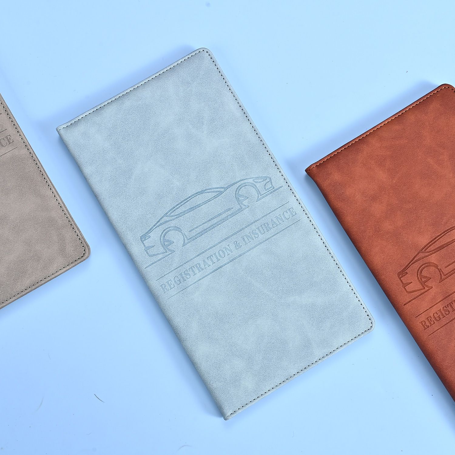 3 Pcs Premium PU Leather Car Registration and Insurance Holder - Slim Auto Document Organizer, Driver's License Wallet and Travel Passport Folder - Sky Blue - Image 1