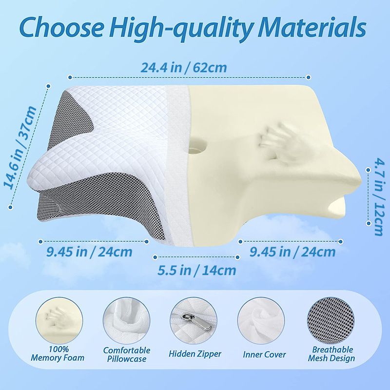 Cervical Memory Foam Pillow - Butterfly Contour Ergonomic Neck Support - 100% Slow Rebound Orthopedic Design for Side and Back Sleepers - Breathable Mesh with Washable Cover - Image 3