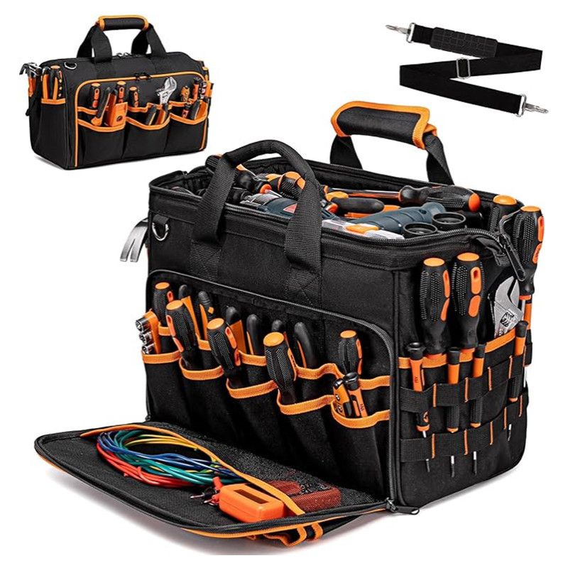 17 Inch Heavy Duty Tool Bag - 43cm Wide Open Mouth Organiser - Thickened Wear Resistant Oxford Cloth with Adjustable Padded Strap, Multi-Pocket Storage for Electricians Plumbers and Professional Trades - Image 1