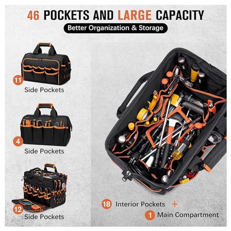 17 Inch Heavy Duty Tool Bag - 43cm Wide Open Mouth Organiser - Thickened Wear Resistant Oxford Cloth with Adjustable Padded Strap, Multi-Pocket Storage for Electricians Plumbers and Professional Trades - Image 2
