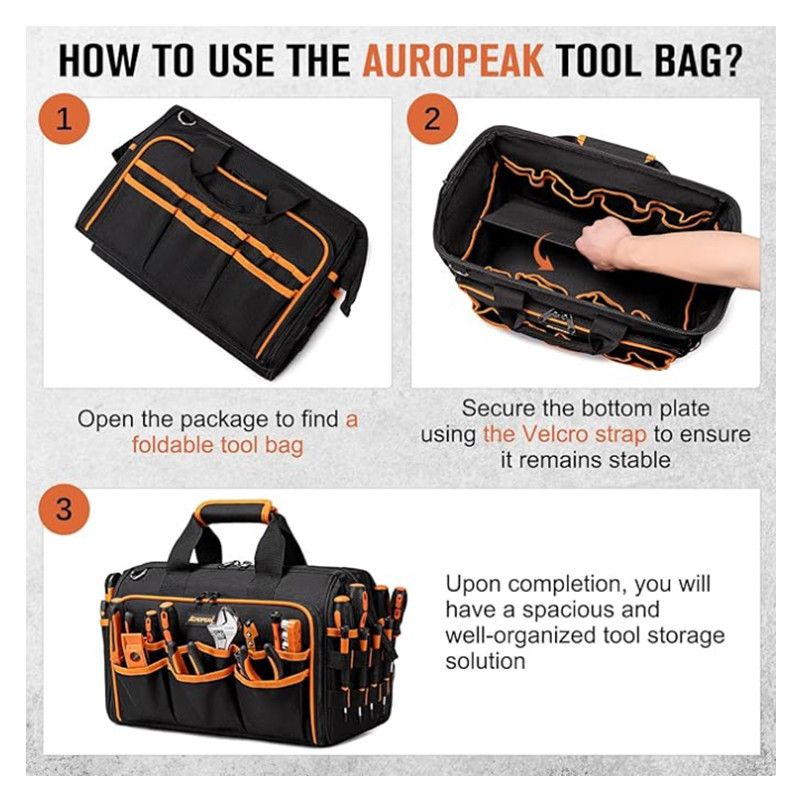 17 Inch Heavy Duty Tool Bag - 43cm Wide Open Mouth Organiser - Thickened Wear Resistant Oxford Cloth with Adjustable Padded Strap, Multi-Pocket Storage for Electricians Plumbers and Professional Trades - Image 3