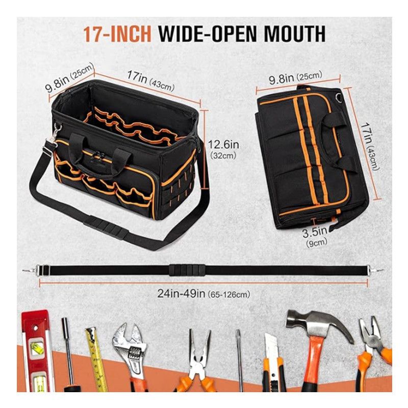 17 Inch Heavy Duty Tool Bag - 43cm Wide Open Mouth Organiser - Thickened Wear Resistant Oxford Cloth with Adjustable Padded Strap, Multi-Pocket Storage for Electricians Plumbers and Professional Trades - Image 4