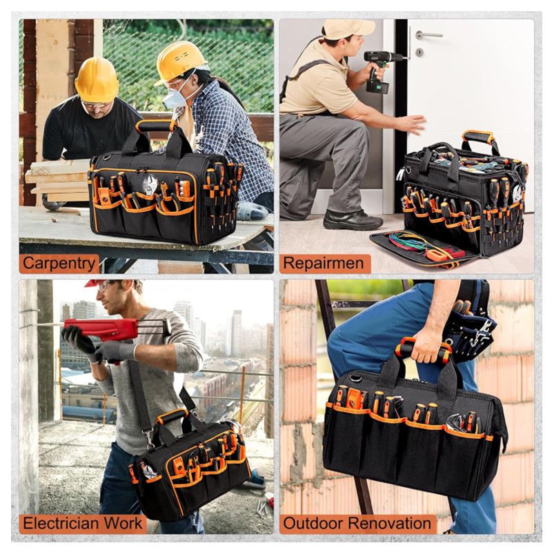 17 Inch Heavy Duty Tool Bag - 43cm Wide Open Mouth Organiser - Thickened Wear Resistant Oxford Cloth with Adjustable Padded Strap, Multi-Pocket Storage for Electricians Plumbers and Professional Trades - Image 5