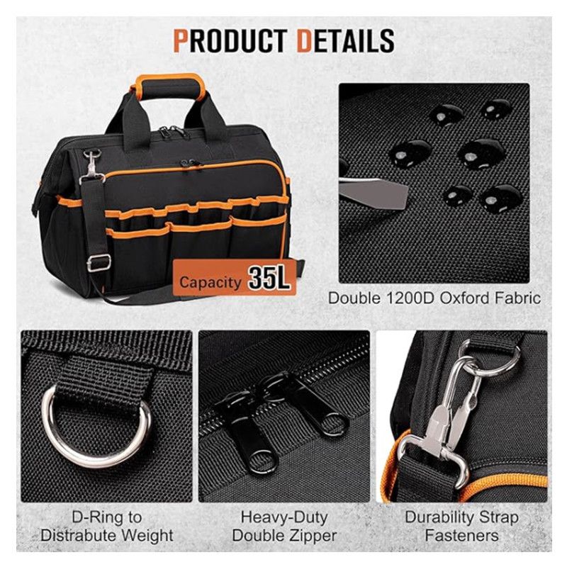 17 Inch Heavy Duty Tool Bag - 43cm Wide Open Mouth Organiser - Thickened Wear Resistant Oxford Cloth with Adjustable Padded Strap, Multi-Pocket Storage for Electricians Plumbers and Professional Trades - Image 6