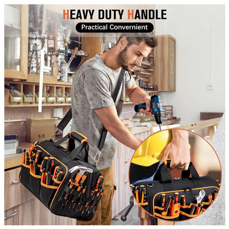 17 Inch Heavy Duty Tool Bag - 43cm Wide Open Mouth Organiser - Thickened Wear Resistant Oxford Cloth with Adjustable Padded Strap, Multi-Pocket Storage for Electricians Plumbers and Professional Trades - Image 8