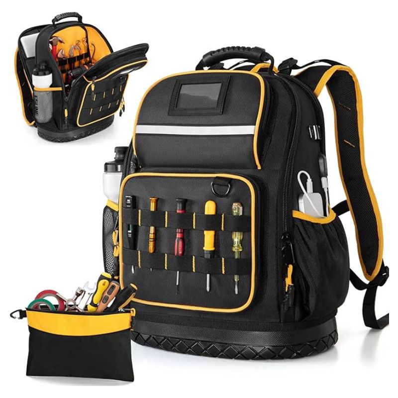Heavy Duty Professional Tool Backpack - 18 Inch Large Capacity - Waterproof Solid Rubber Base, Multi-Pocket Organiser and Reflective Strips for Electricians, HVAC and Trades - Image 1