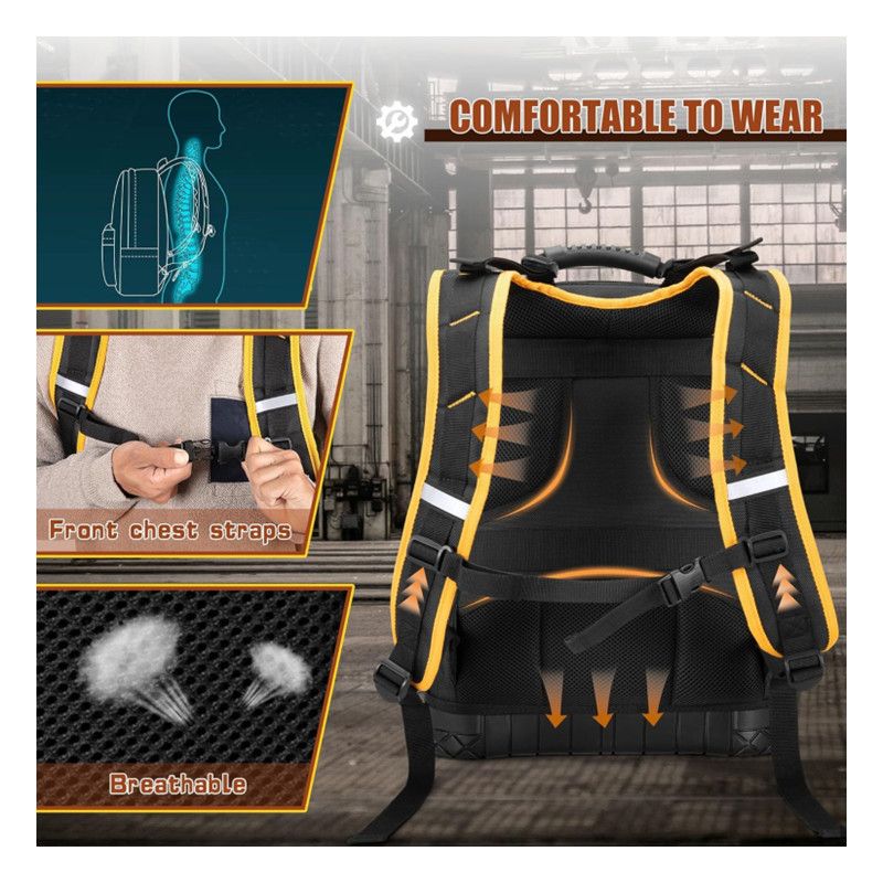 Heavy Duty Professional Tool Backpack - 18 Inch Large Capacity - Waterproof Solid Rubber Base, Multi-Pocket Organiser and Reflective Strips for Electricians, HVAC and Trades - Image 2