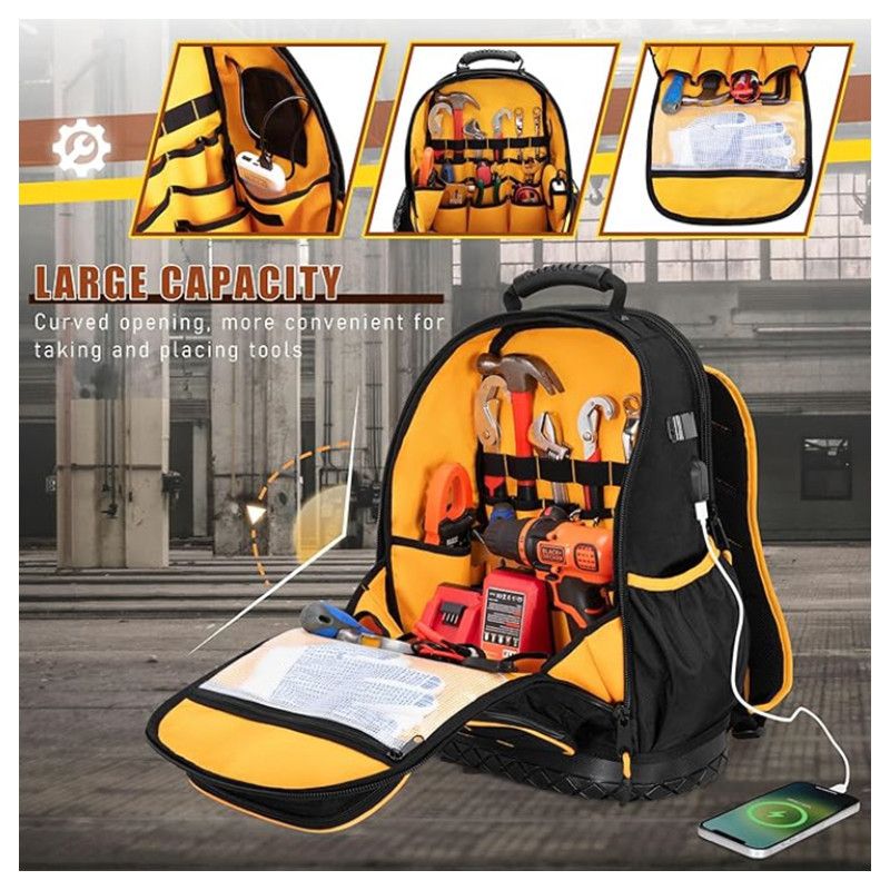 Heavy Duty Professional Tool Backpack - 18 Inch Large Capacity - Waterproof Solid Rubber Base, Multi-Pocket Organiser and Reflective Strips for Electricians, HVAC and Trades - Image 3