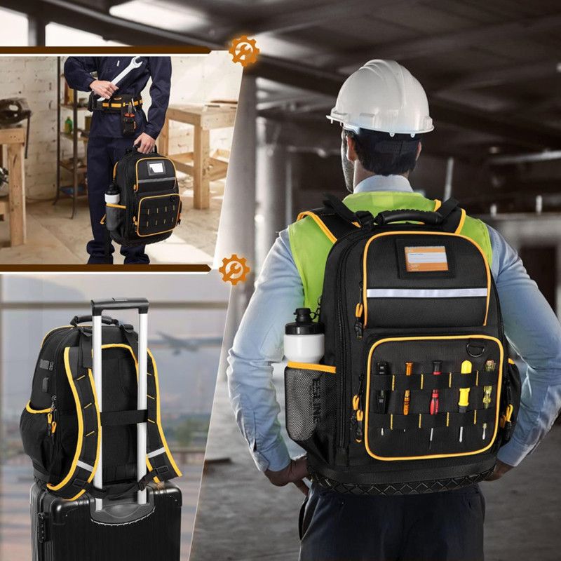 Heavy Duty Professional Tool Backpack - 18 Inch Large Capacity - Waterproof Solid Rubber Base, Multi-Pocket Organiser and Reflective Strips for Electricians, HVAC and Trades - Image 6