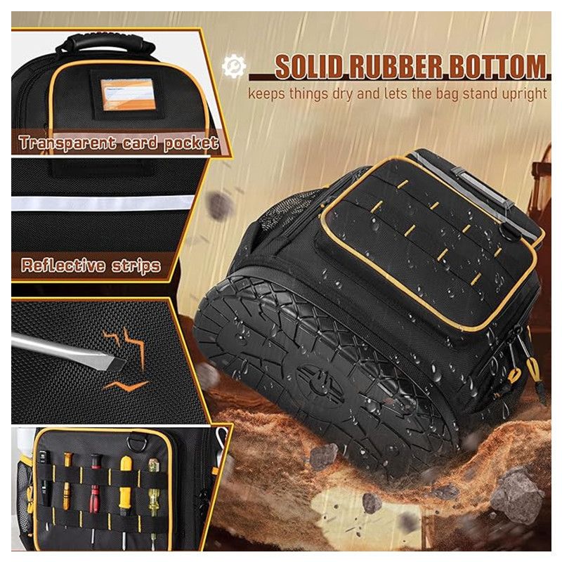 Heavy Duty Professional Tool Backpack - 18 Inch Large Capacity - Waterproof Solid Rubber Base, Multi-Pocket Organiser and Reflective Strips for Electricians, HVAC and Trades - Image 7