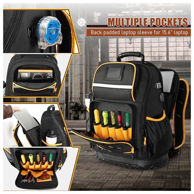 Heavy Duty Professional Tool Backpack - 18 Inch Large Capacity - Waterproof Solid Rubber Base, Multi-Pocket Organiser and Reflective Strips for Electricians, HVAC and Trades - Image 8