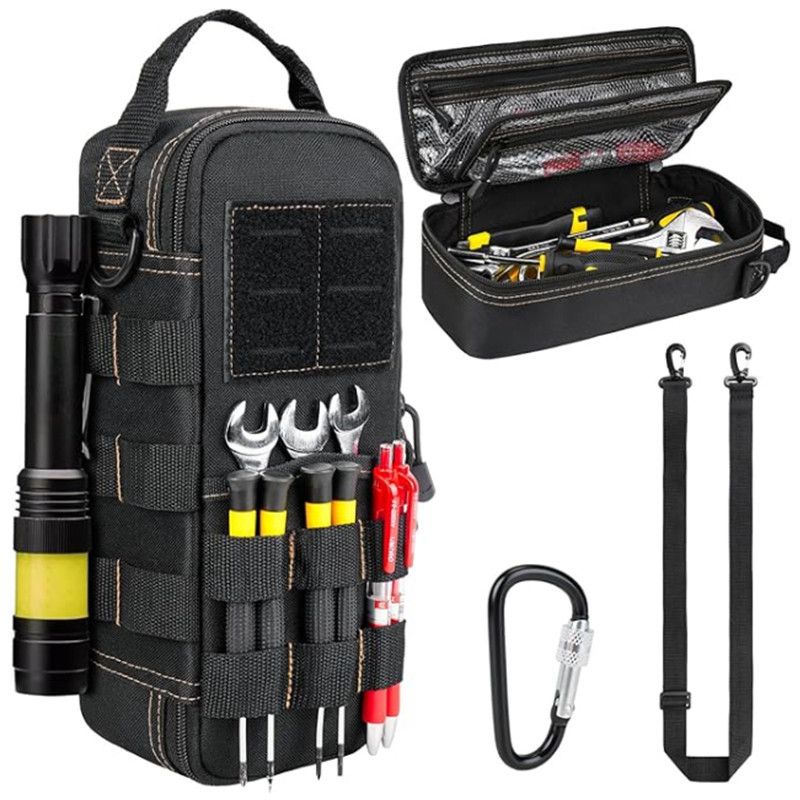 Tactical Tool Pouch Organizer - Heavy Duty Oxford Cloth - Compact MOLLE Utility Bag with Adjustable Shoulder Strap for EDC Small Hand Tools and Outdoor Gear - 12 Inch Black - Image 1