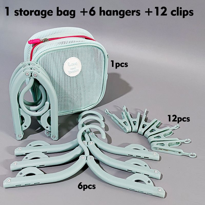 Portable Folding Travel Hangers Set - 19 Piece Laundry Kit with 6 Adjustable Hangers 12 Clips and Storage Bag - Space Saving Design for Caravanning Camping and Student Dorms - Sky Blue - Image 1