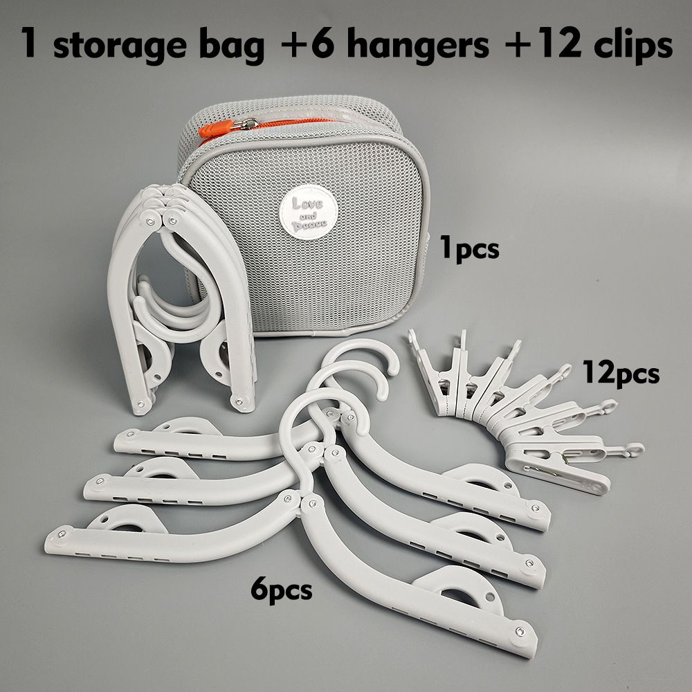 Portable Folding Travel Hangers Set - 19 Piece Laundry Kit with 6 Adjustable Hangers 12 Clips and Storage Bag - Space Saving Design for Caravanning Camping and Student Dorms - Gray - Image 1