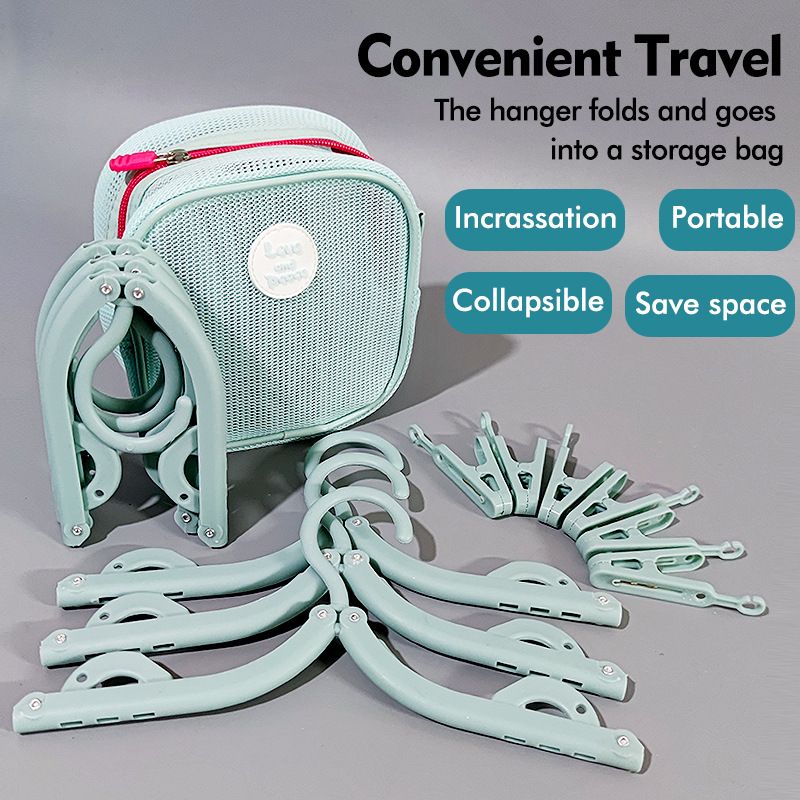 Portable Folding Travel Hangers Set - 19 Piece Laundry Kit with 6 Adjustable Hangers 12 Clips and Storage Bag - Space Saving Design for Caravanning Camping and Student Dorms - Gray - Image 2
