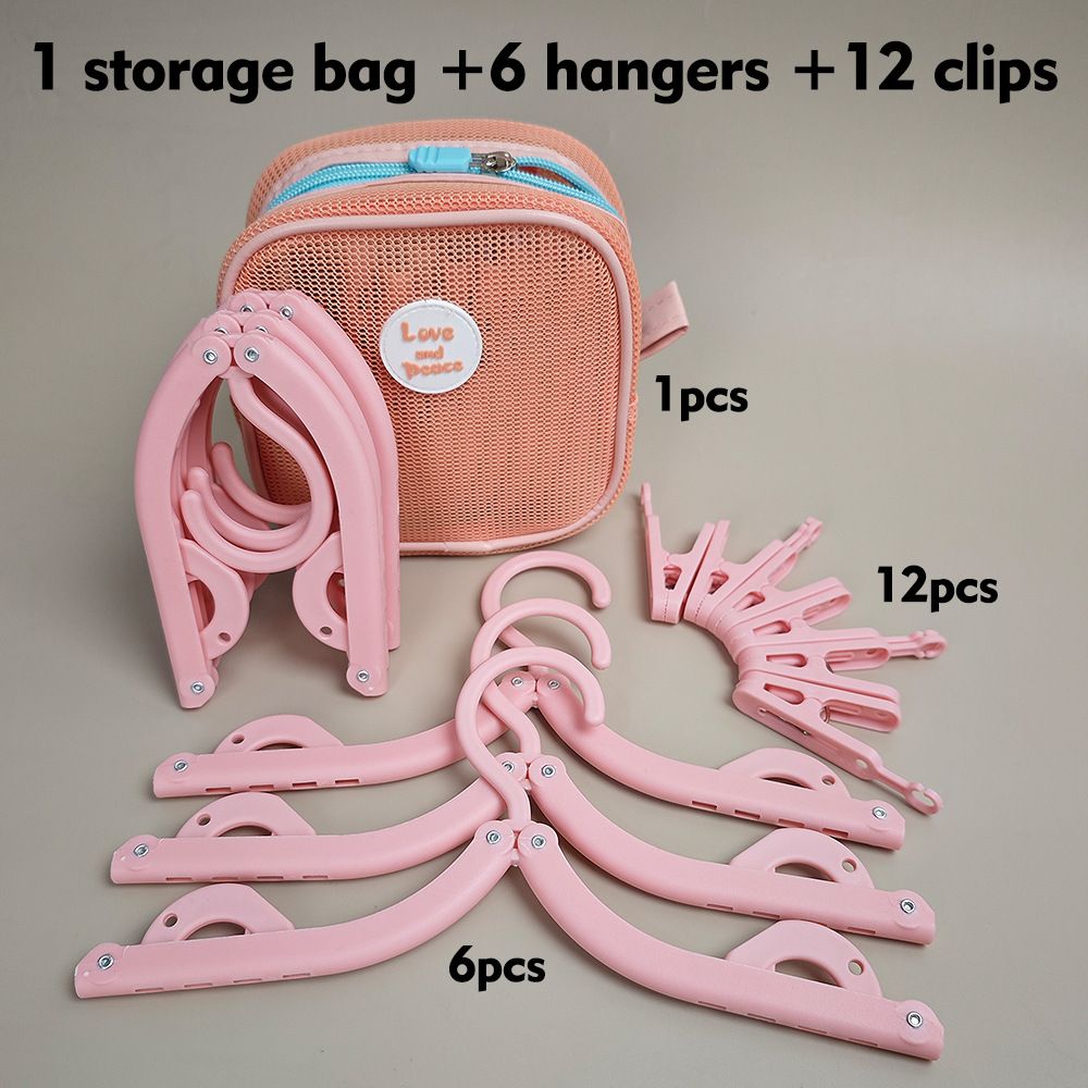 Portable Folding Travel Hangers Set - 19 Piece Laundry Kit with 6 Adjustable Hangers 12 Clips and Storage Bag - Space Saving Design for Caravanning Camping and Student Dorms - Pink - Image 1