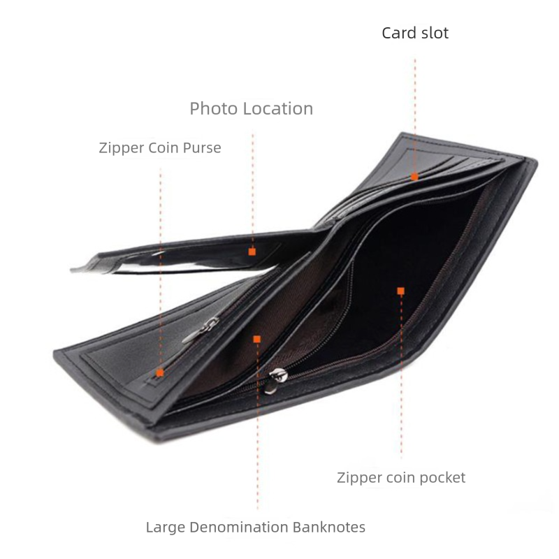 Black Men's PU Leather Bifold Wallet - Slim Short Design with Zipper Coin Pocket - Multi Card Slots and ID Window for Everyday Use - Image 4