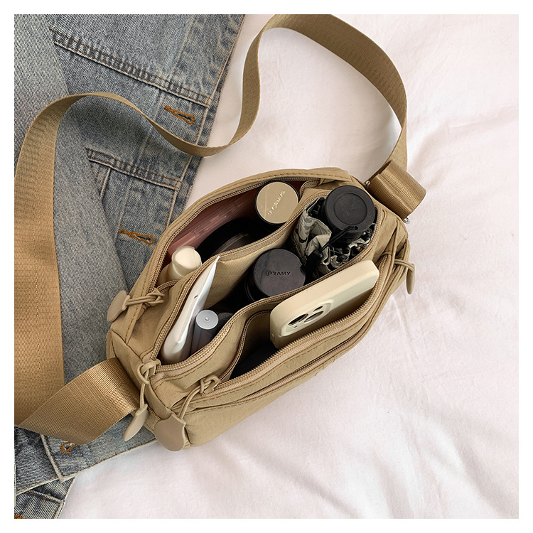 Khaki Women's Lightweight Nylon Crossbody Bag - Multi-Layer Shoulder Purse with Adjustable Strap for Casual Travel and Daily Use - Image 5