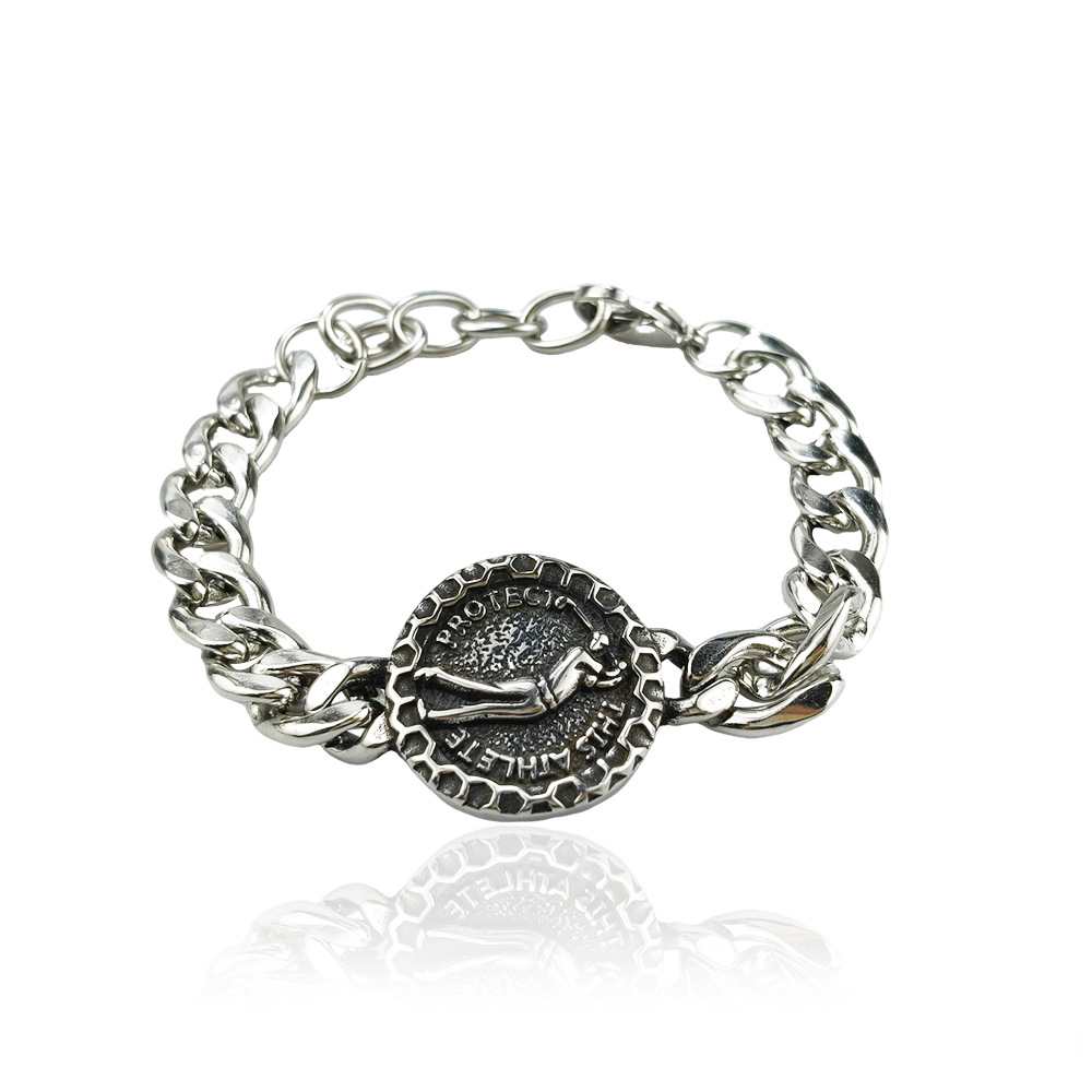 Silver Style 5 Men's Stainless Steel Curb Chain Bracelet - Retro Punk Hip Hop Style with Round Medallion Charm - Durable 26cm Streetwear Jewellery - Image 1