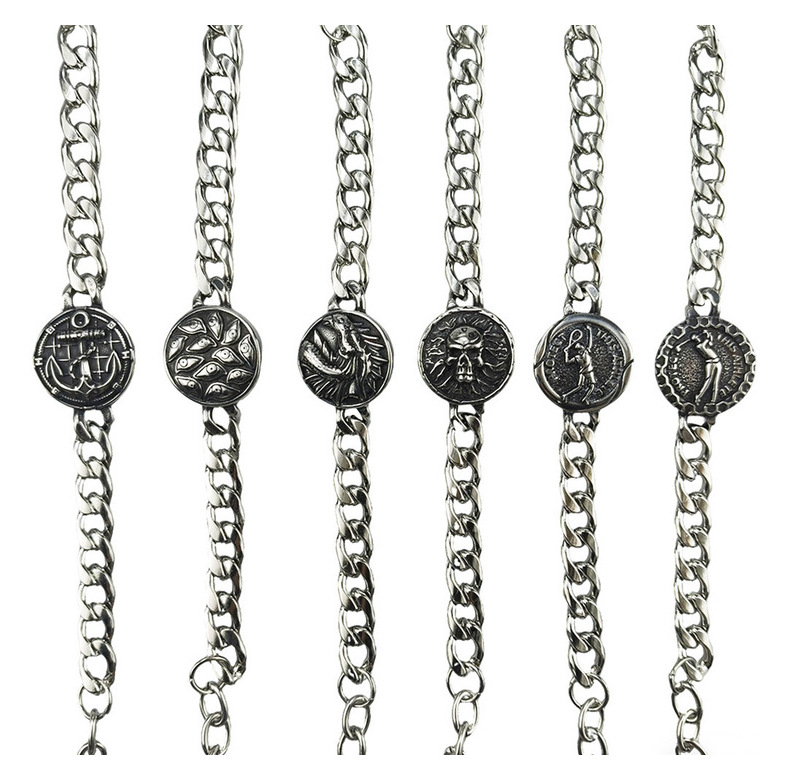 Silver Style 5 Men's Stainless Steel Curb Chain Bracelet - Retro Punk Hip Hop Style with Round Medallion Charm - Durable 26cm Streetwear Jewellery - Image 2