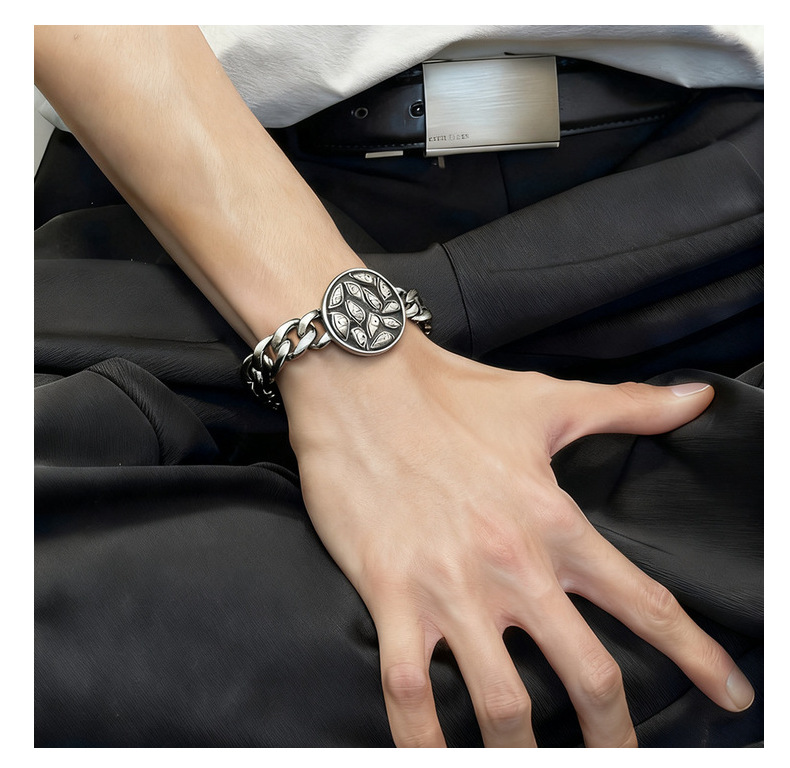 Silver Style 5 Men's Stainless Steel Curb Chain Bracelet - Retro Punk Hip Hop Style with Round Medallion Charm - Durable 26cm Streetwear Jewellery - Image 3