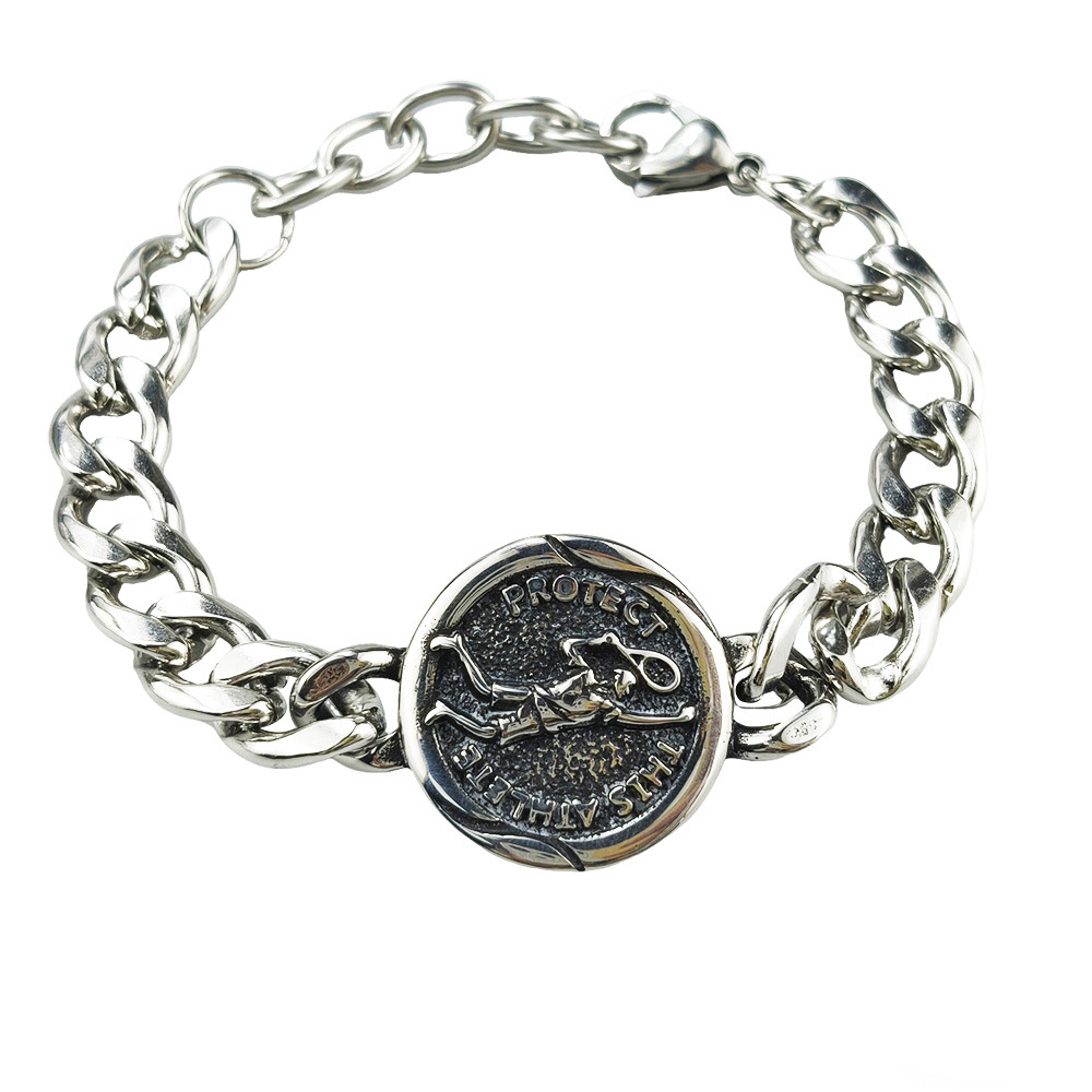 Silver Style 6 Men's Stainless Steel Curb Chain Bracelet - Retro Punk Hip Hop Style with Round Medallion Charm - Durable 26cm Streetwear Jewellery - Image 1