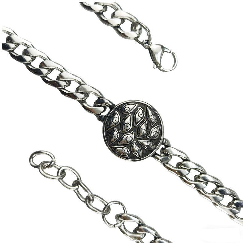 Silver Style 6 Men's Stainless Steel Curb Chain Bracelet - Retro Punk Hip Hop Style with Round Medallion Charm - Durable 26cm Streetwear Jewellery - Image 5