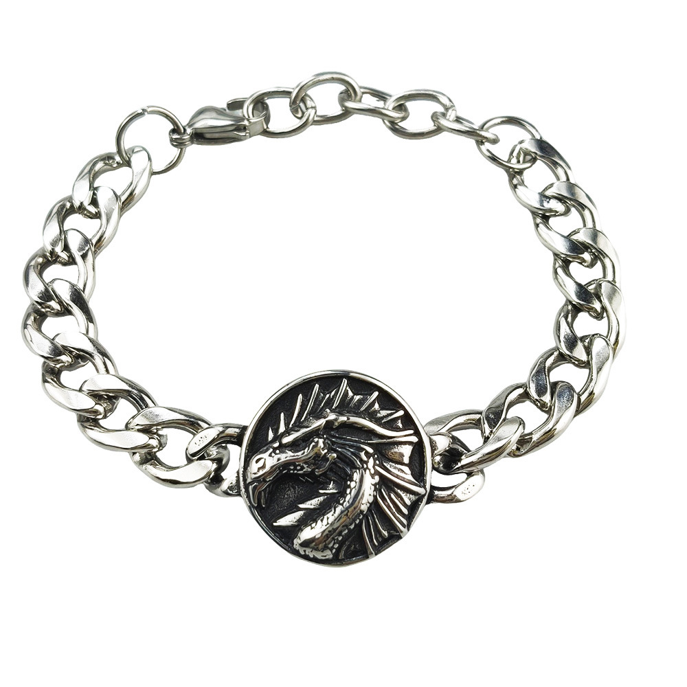 Silver Style 7 Men's Stainless Steel Curb Chain Bracelet - Retro Punk Hip Hop Style with Round Medallion Charm - Durable 26cm Streetwear Jewellery - Image 1