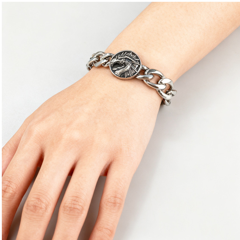 Silver Style 7 Men's Stainless Steel Curb Chain Bracelet - Retro Punk Hip Hop Style with Round Medallion Charm - Durable 26cm Streetwear Jewellery - Image 4