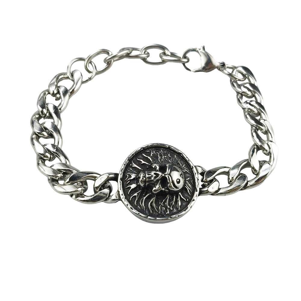 Silver Style 9 Men's Stainless Steel Curb Chain Bracelet - Retro Punk Hip Hop Style with Round Medallion Charm - Durable 26cm Streetwear Jewellery - Image 1