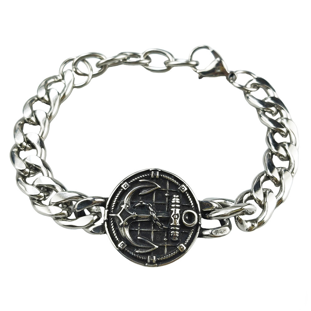 Silver Style 10 Men's Stainless Steel Curb Chain Bracelet - Retro Punk Hip Hop Style with Round Medallion Charm - Durable 26cm Streetwear Jewellery - Image 1