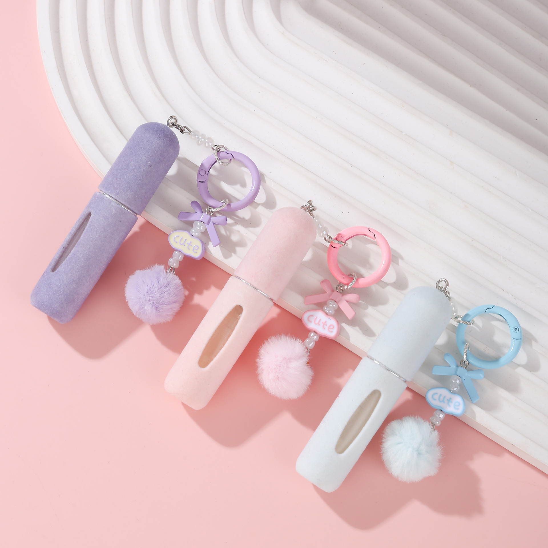 Purple 3 Pack Plush Perfume Atomiser Keychain - 5ml Portable Refillable Spray Bottle with Pom Pom Bag Charm - Image 2