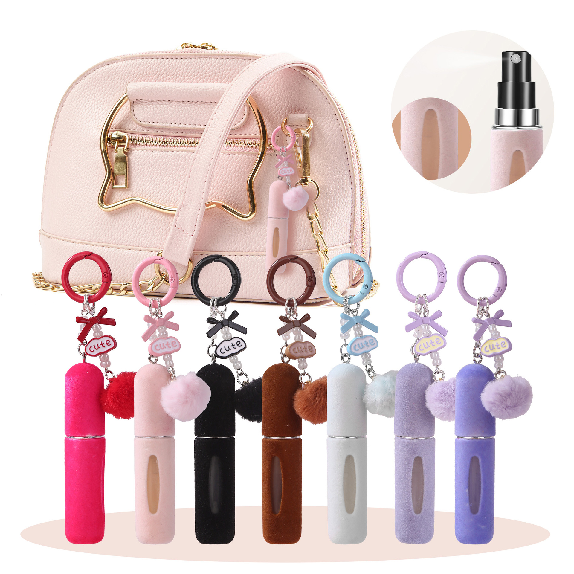 3 Pack Plush Perfume Atomiser Keychain - 5ml Portable Refillable Spray Bottle with Pom Pom Bag Charm Random color - Image 1