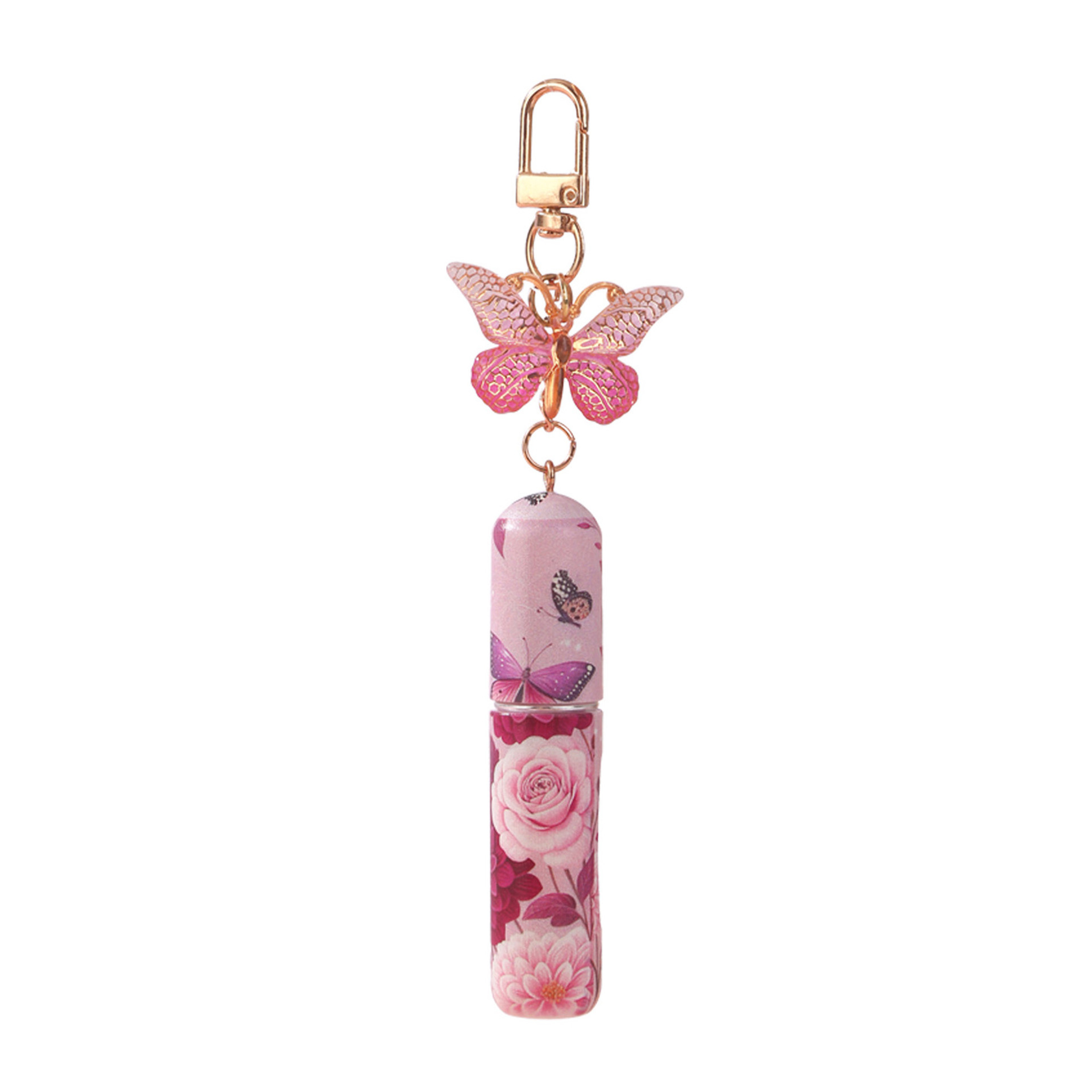 Pink 3 Pcs Portable 5ml Perfume Atomiser Keychain - Refillable Floral Spray Bottle with Butterfly Charm for Travel & Handbag - Image 1
