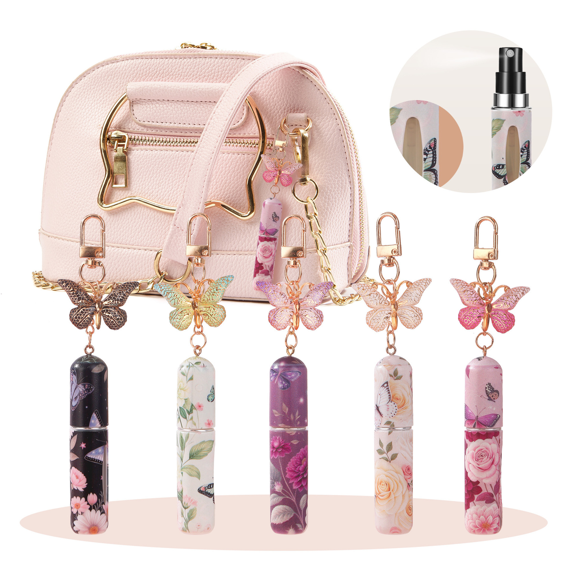 Purple 3 Pcs Portable 5ml Perfume Atomiser Keychain - Refillable Floral Spray Bottle with Butterfly Charm for Travel & Handbag - Image 2
