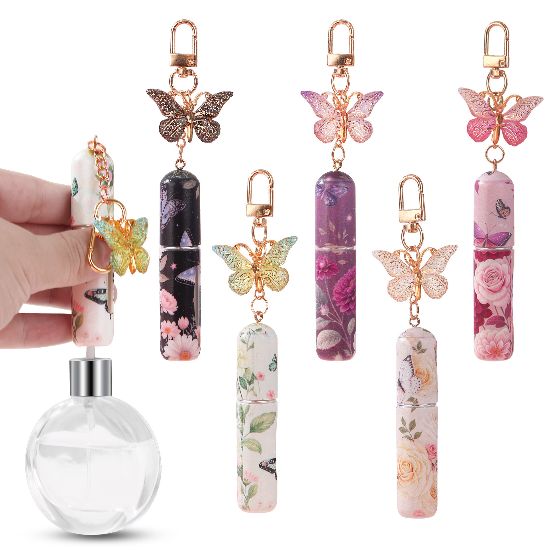 Purple 3 Pcs Portable 5ml Perfume Atomiser Keychain - Refillable Floral Spray Bottle with Butterfly Charm for Travel & Handbag - Image 3