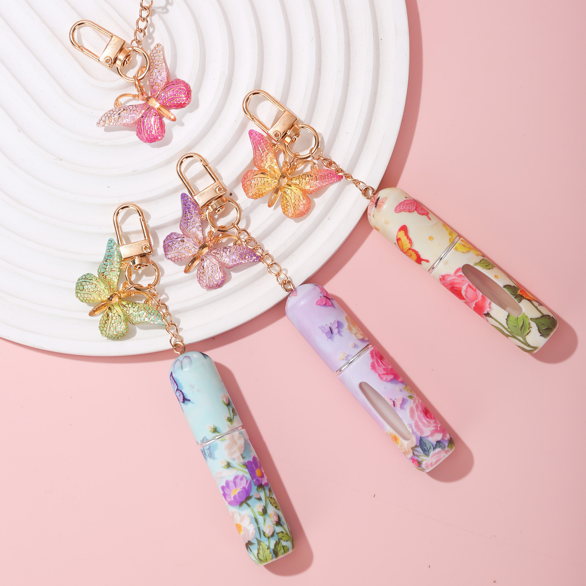Light Green 3 Pcs Portable 5ml Perfume Atomiser Keychain - Refillable Floral Spray Bottle with Butterfly Charm for Travel & Handbag - Image 5