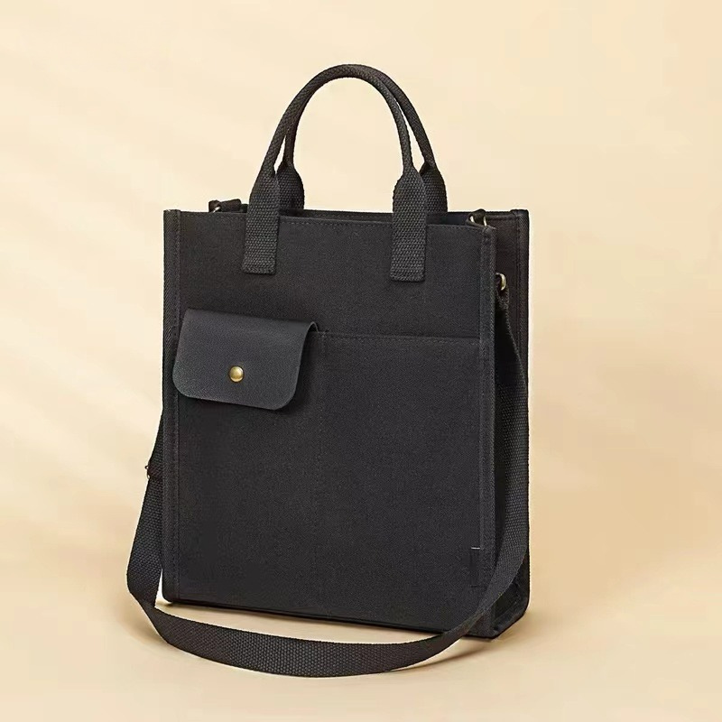 Black Unisex Canvas Tote Bag - Structured Vertical Shoulder Satchel with Front Pocket - Lightweight Crossbody for Work, Uni & Daily Commute - Image 1