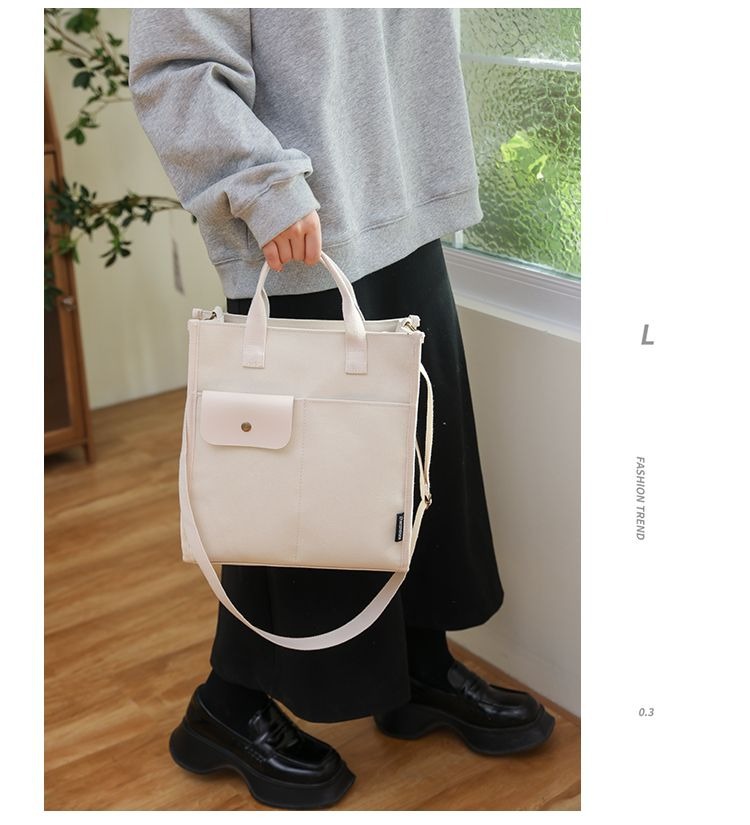 White Unisex Canvas Tote Bag - Structured Vertical Shoulder Satchel with Front Pocket - Lightweight Crossbody for Work, Uni & Daily Commute - Image 1