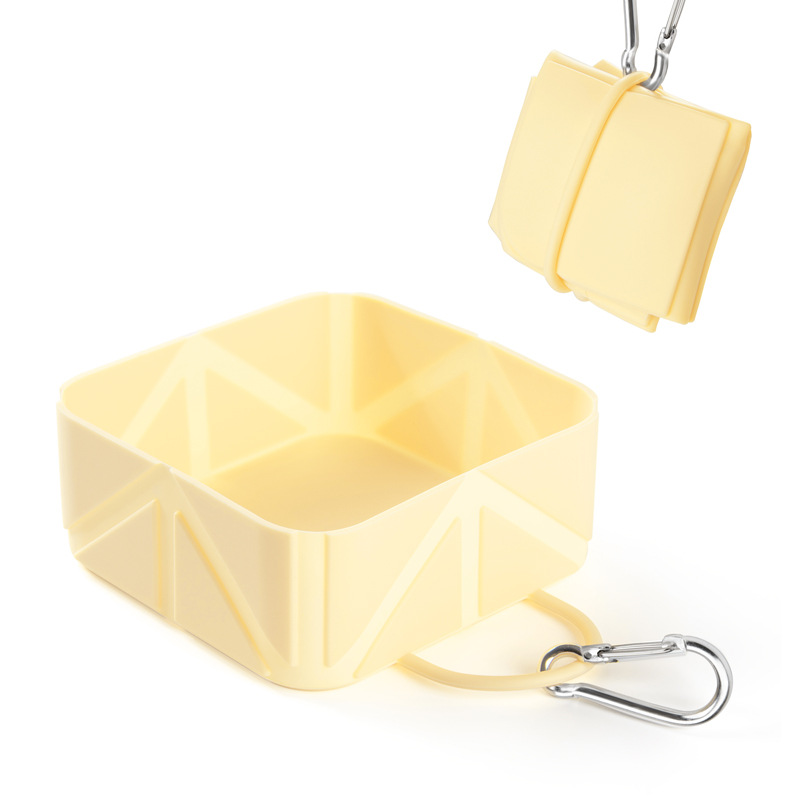 2 Pcs Yellow Portable 500ml Collapsible Square Pet Bowl - Silicone Travel Feeder with Carabiner Clip for Dogs & Cats - Lightweight for Camping & Hiking - Image 1