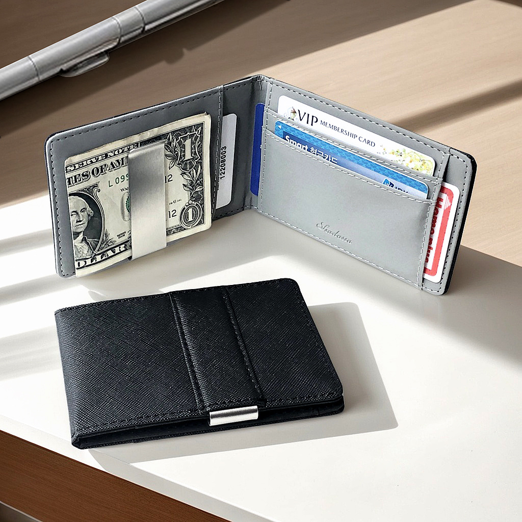 Brown Men's Slim Bifold Money Clip Wallet - Saffiano Texture PU Leather with Stainless Steel Cash Clamp - Minimalist Front Pocket Card Holder - Image 2