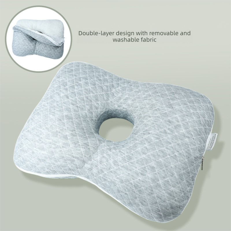 Grey Ergonomic Ear Pillow with Hole for Side Sleepers - Pressure Relief Cushion for Ear Pain, Piercings & CNH - Washable Cover - Image 1