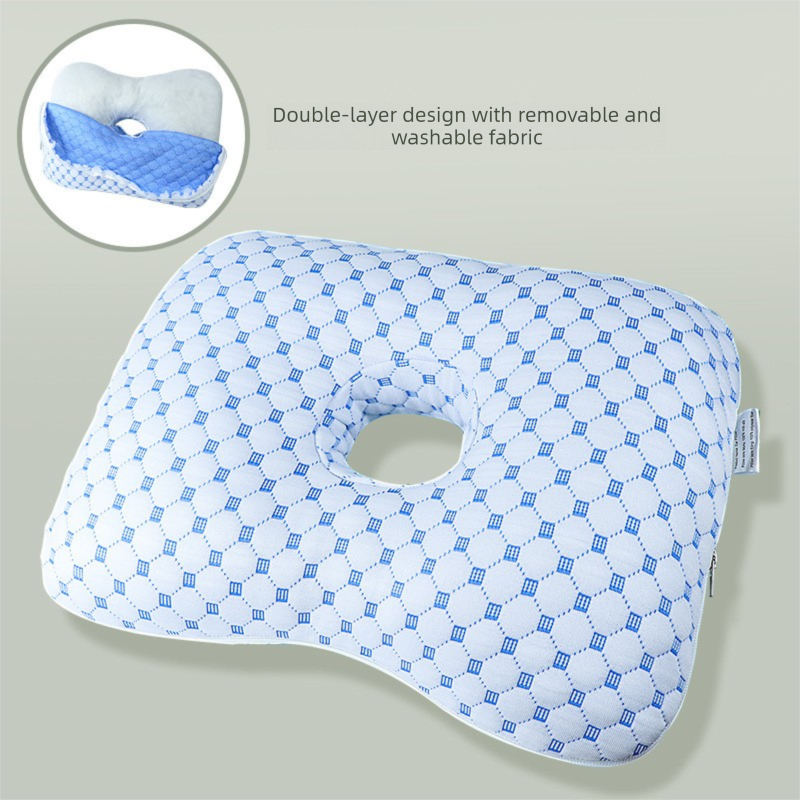 Blue Ergonomic Ear Pillow with Hole for Side Sleepers - Pressure Relief Cushion for Ear Pain, Piercings & CNH - Washable Cover - Image 1