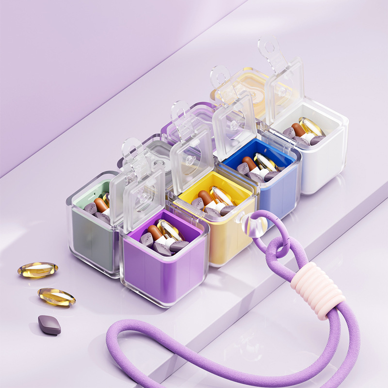Black Portable Magnetic Cube Pill Organiser - 8 Compartment Weekly Medicine Travel Case with Lanyard - Detachable Washable PP+PC Storage - Image 4