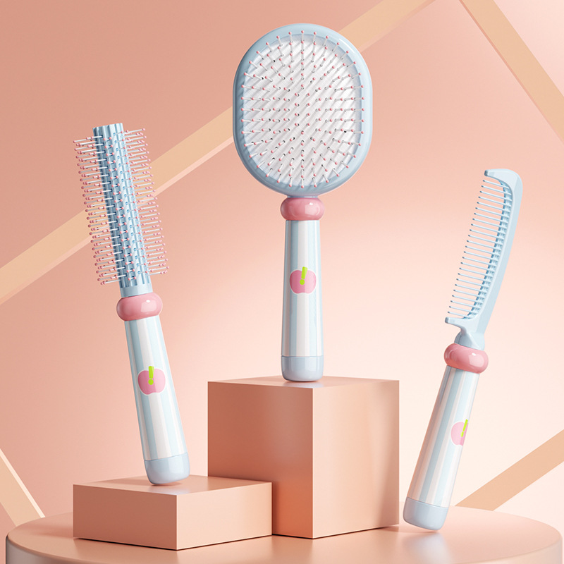 Blue 3-Piece Aesthetic Hair Brush Set - Detangling Air Cushion & Volumising Roller Comb with Hidden Cleaning Claw - Scalp Massage Styling Kit - Image 1