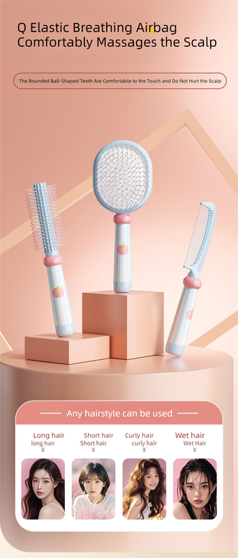 Blue 3-Piece Aesthetic Hair Brush Set - Detangling Air Cushion & Volumising Roller Comb with Hidden Cleaning Claw - Scalp Massage Styling Kit - Image 6
